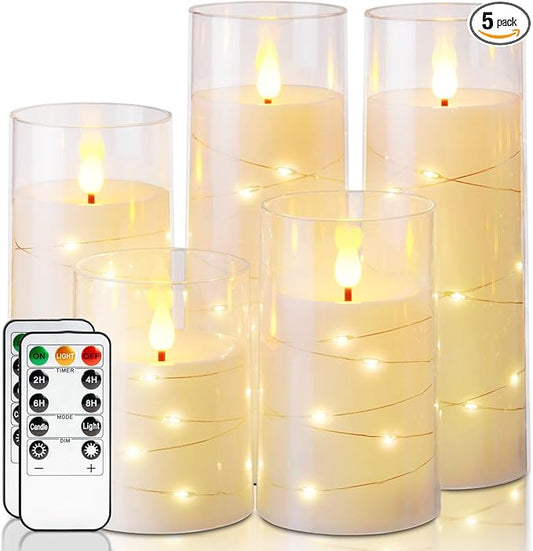 Homemory Flameless Candles with Embedded Star String Fairy Lights, Battery Operated Candles, LED Candle, Fake Candles with...