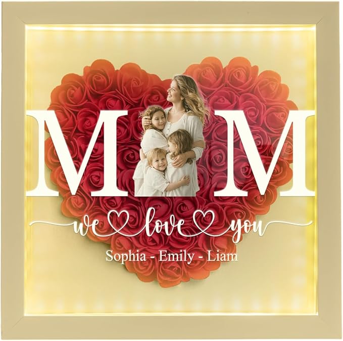 Personalized Photo Mom We Love You Flower Shadow Box with LED Light, Mothers Day Display Case Shadow Box Frame with Name f...