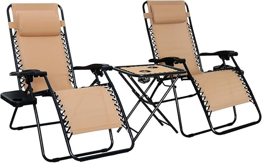 Amazon Basics Outdoor Textilene Adjustable Zero Gravity Folding Reclining Lounge Chair Set with Cup Holder, Side Table, He...