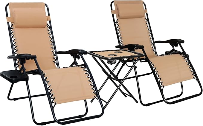 Amazon Basics Outdoor Textilene Adjustable Zero Gravity Folding Reclining Lounge Chair Set with Cup Holder, Side Table, He...