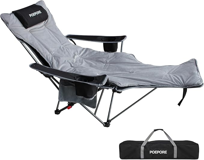 POEPORE Reclining Camping Chair with Removable Footrest Lounge Chair with Headrest, Cotton Cushion, Portable Adjustable Fo...
