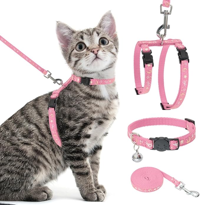PAWCHIE Cat Harness with Leash and Collar Set - Escape Proof Adjustable H-shped Cat Harness with Star and Moon Pattern Glo...