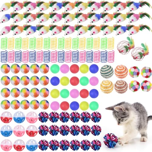 Shappy 150 Pcs Cat Toys for Indoor Cats Bulk, Kitten Toys Pack, Variety Interactive Gift Including Mice Rainbow Balls Spri...
