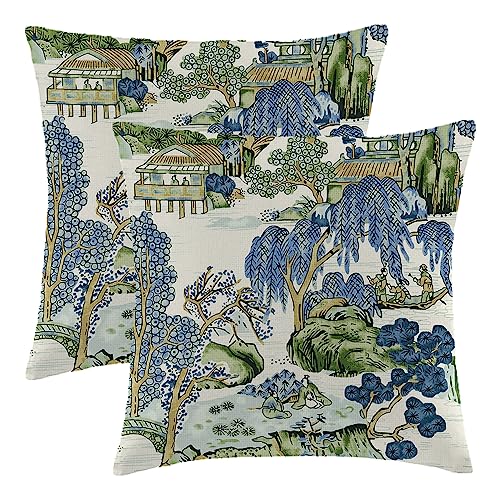 Wsunsal Chinoiserie Pillow Covers 16x16 Inch Set of 2, Asian Scenic Blue and Kelly Green Throw Pillows Farmhouse Chinoiser...