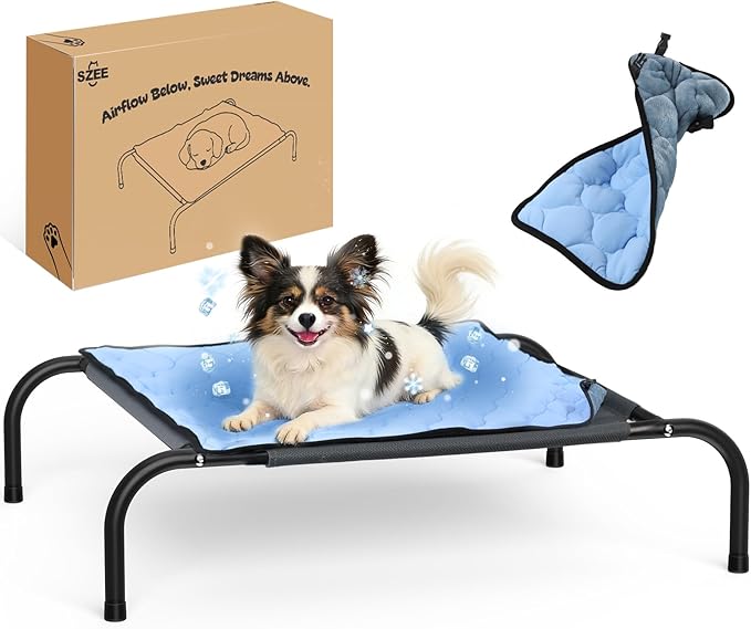 SZEE Raised Dog Bed with Detachable 2-Sided Cooling/Warming Waterproof Mat, Elevated Dog Cot Bed for Small Sized Breeds wi...