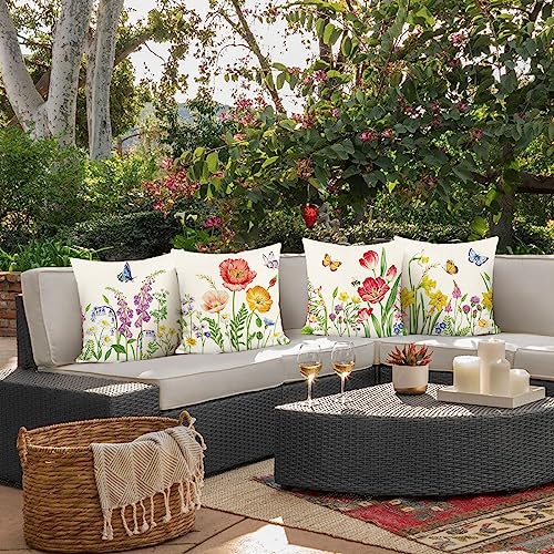 Bonhause Spring Floral Throw Pillow Covers 18x18 Set of 4 Garden Flower Butterfly Outdoor Decorative Pillows Case Polyeste...
