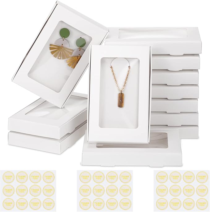 Crtiin 30 Pcs Jewelry Packaging Boxes 5.4"x3.4"x0.7" Cardboard Necklace Gift Boxes Bulk with Clear Window, Display Card an...