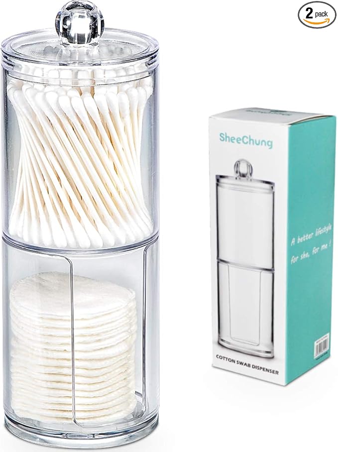 SheeChung 2-Pack Clear Acrylic Qtip Holder - Shatterproof Apothecary Jars for Bathroom Organization - Vanity Storage Canis...