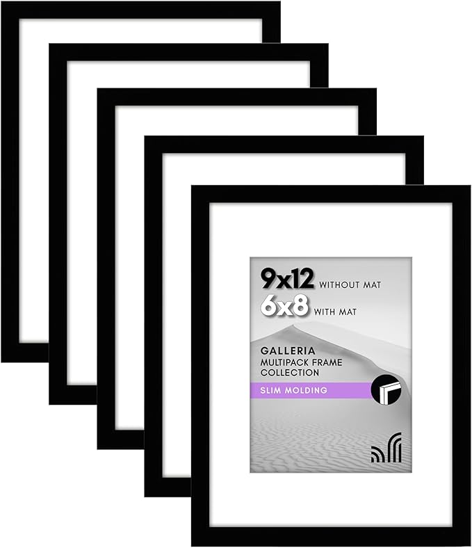 Americanflat 9x12 Picture Frame with Polished Plexiglass - Set of 5 - Use as 6x8 Frame with Mat or Display 9x12 Photo With...