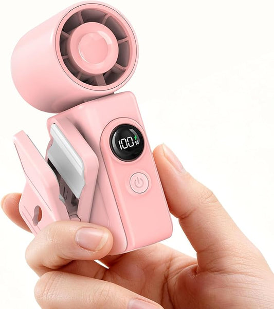 Portable Clip-On Mini Fan, Hands-Free, Turbo Personal Handheld Fans Rechargeable w/ 4 Wind & LED Display, Pocket Size Summ...
