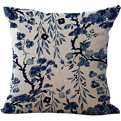 ChezMax Blue and White Porcelain Throw Pillow Cover, Decorative Chinoiserie Floral Chair Back Cushion Case Linen Cotton Pi...
