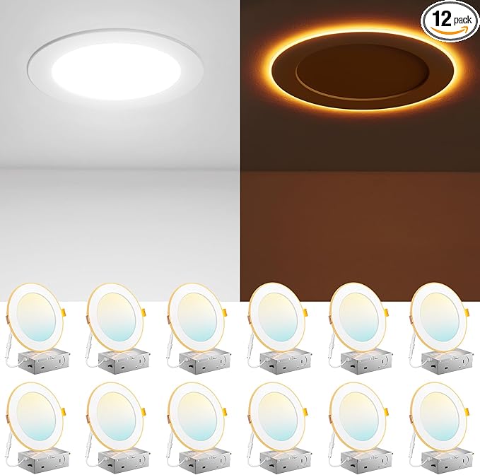 Amico 12 Pack 6 Inch 5CCT LED Recessed Ceiling Light with Night Light, 2700K/3000K/3500K/4000K/5000K Selectable Ultra-Thin...