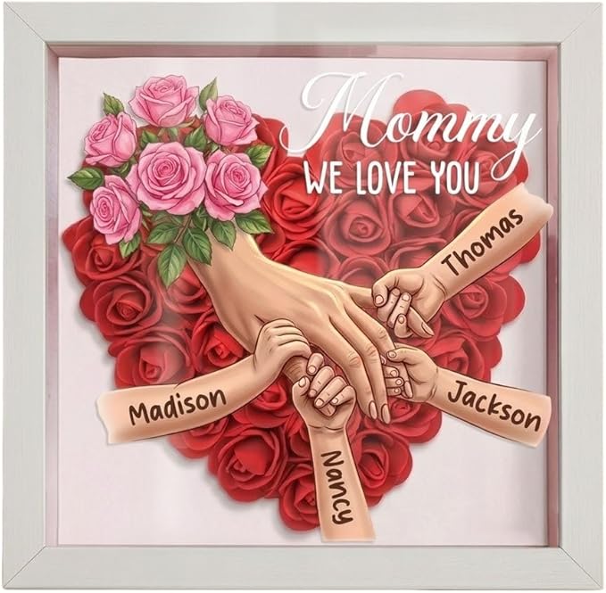CUSTNEY Personalized Flower Shadow Box Mom Holding Hands- Custom Name &Text Memorial Frame for Mothers' Day, in Loving Mem...