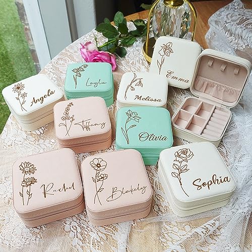 Yofair Mothers Day Mom Gifts for Women Personalized Jewelry Box with Birth Flower Custom Leather Travel Jewelry Case Ring ...