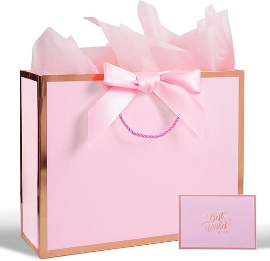 Plauthus Pink Gift Bag with Ribbon, 13" Large Gift Bag with Handle, Greeting Card & 2 Tissue Paper（Rose Gold Foil Frame） f...
