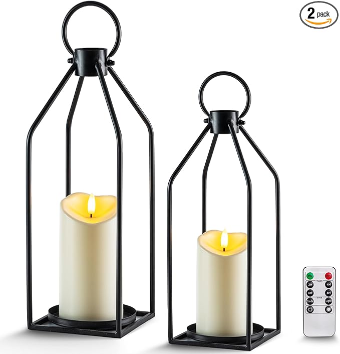 Homemory Modern Farmhouse Lantern Decor with Waterproof Flameless Candle & Remote Timer, 2PCS Black Metal Candle Lantern D...