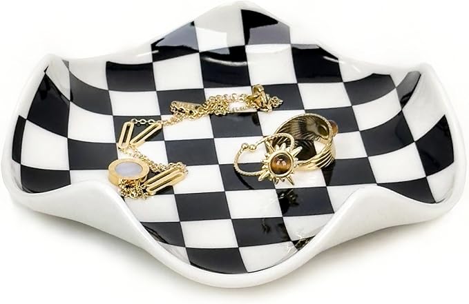Aesthetic Ring Holder Dish, Cute Small Trinket Dish, Ceramic Jewelry Tray,Modern Checkered Cool Stuff for Girly Room Deco...