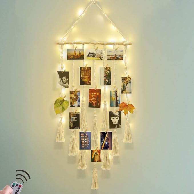 Homecor Hanging Photo Display Wall Decor, Macrame Wall Hanging Boho Room Bedroom Decor, Picture Frame Collage Board with L...