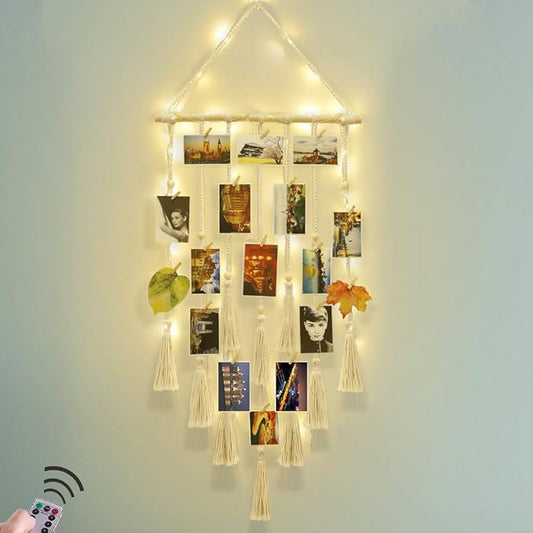 Homecor Hanging Photo Display Wall Decor, Macrame Wall Hanging Boho Room Bedroom Decor, Picture Frame Collage Board with L...