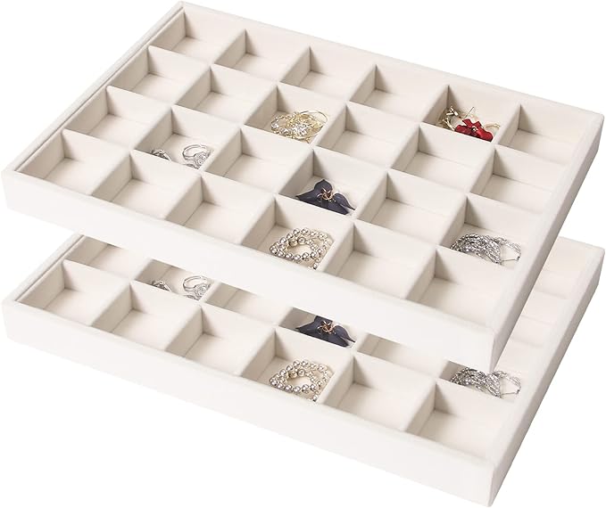 Coward 2PC Stackable 24 Gird Jewelry Organizer Tray Necklace Earring Box Storage Drawer Ring Bracelet Display Holder (beig...