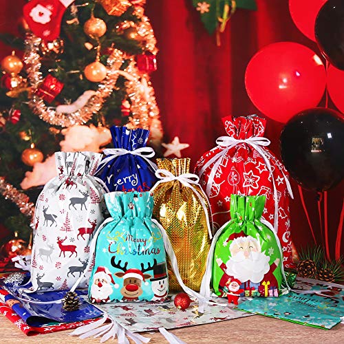 HRX Package Holiday Drawstring Gift Bags, 30pcs Christmas Foil Gift Wrapping Sacks Pouches for Xmas Presents Party Favor (...