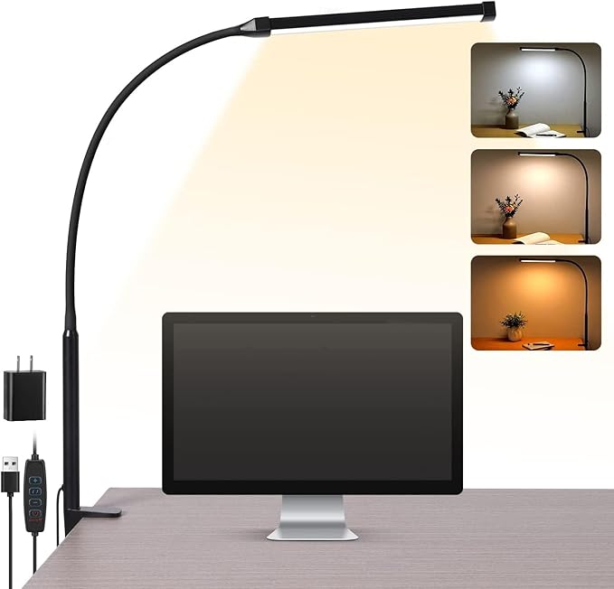 Voncerus LED Desk Lamp with Clamp, Eye-Caring Clip on Lights for Home Office, 3 Modes 10 Brightness, Long Flexible Goose-N...