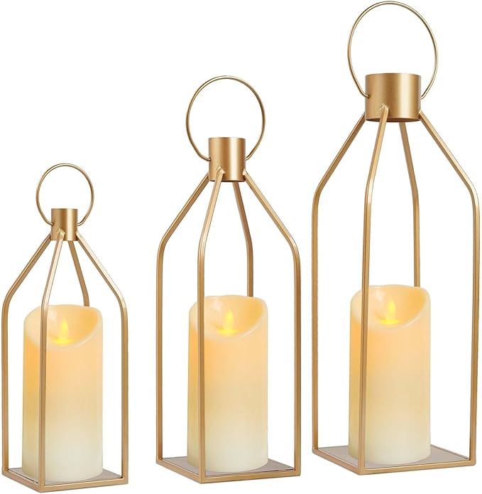 Kehail Elegant Gold Decorative Lanterns Set of 3-19/16/13 Inch Metal Indoor Lanterns Decorative with Flickering LED Candle...