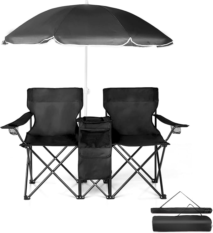 Outvita Folding Double Camping Chair w/Umbrella Beverage Holder Carrying Bag Cooler Fold Up Table, Large Bearing Capacity ...