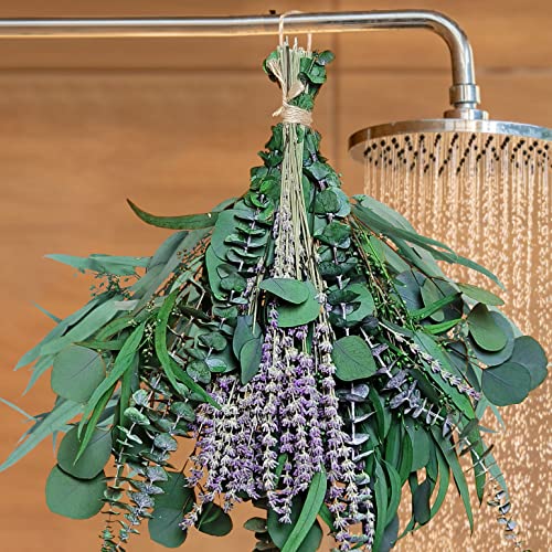 52 PCS Mix Dried Eucalyptus & Lavender Flowers Bundles for Shower, 17'' Natural Real Hanging Silver Dollar Eucalyptus Leav...