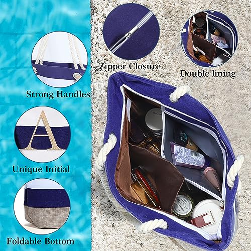 YOOLIFE Initial Canvas Waterproof Beach Tote Bag Zipper Personalized Gifts for Women Her Birthday Travel Beach Essential
