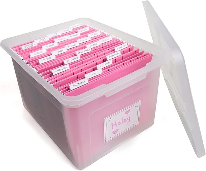 Kid's Craft Memory Keepsake Organizer Box - Clear Storage Latching Bin with Hanging File Folders and Custom Tab Inserts (P...
