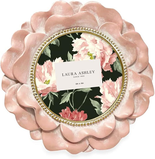 Laura Ashley 4x4 Pink with Gold Round Resin Ornate Flower Design Picture Frame with Beaded Border, for Tabletop and Wall D...