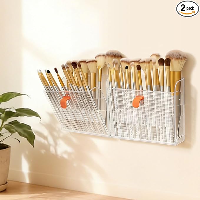 FHDUSRYO 2 Pack Wall-Mounted Makeup Brush Holder, 16-Slot Eyeliner Lip Liner Organizer Holder, Makeup Organizer for Make U...