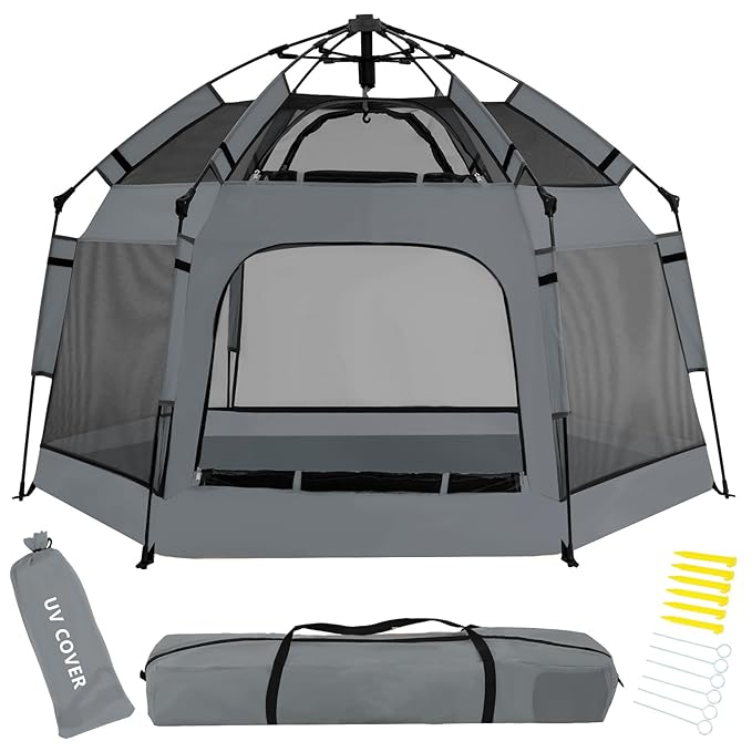 Instant Pop Up Baby Playpen with UV Canopy & Safety Lock, Portable Outdoor Beach Tent Play Yard for Toddlers, Breathable M...