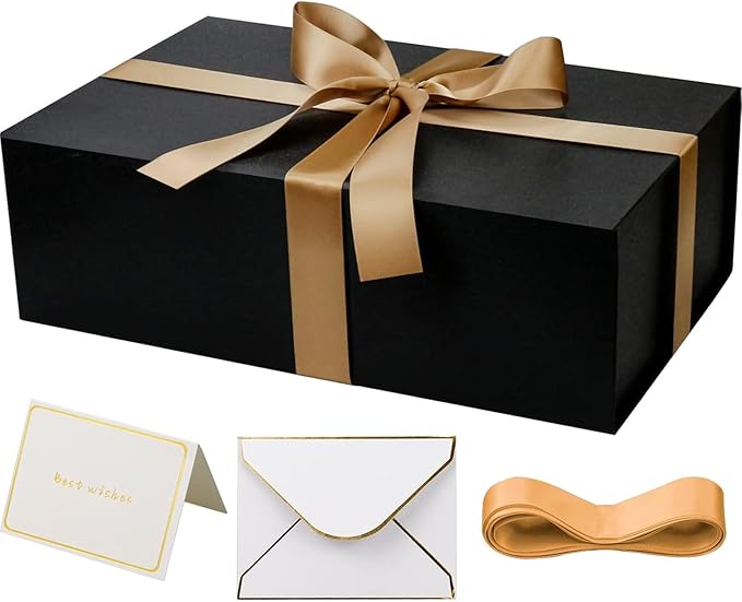 YINUOYOUJIA Large Black Gift Boxes with Lid,14"x9"x4.5" Magnetic Gift Box with Ribbon,Cards and Envelopes for Presents,Gre...