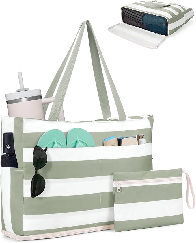 WANDF Beach Bags for Women, Large Waterproof Sandproof Beach Tote Bag with Zipper Family Pool Bags with 40oz Tumbler Pocke...