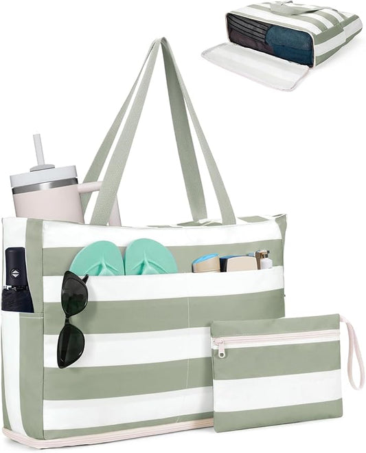WANDF Beach Bags for Women, Large Waterproof Sandproof Beach Tote Bag with Zipper Family Pool Bags with 40oz Tumbler Pocke...