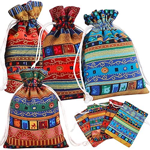 PINOWU Ethnic Style Drawstring Gift Bag 5x7 Cotton Reusable Pouches (12pcs) Jewelry Coin Storage Pouch Eco-Friendly Sachet...