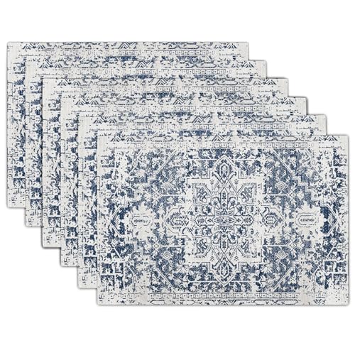 Navy Blue Gray Boho Placemats Set of 6 Ethnic Bohemian Carpet Place Mats Washable Kitchen Dining Vintage Grey Geography Fl...