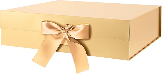 GREEN BEAN Large Gift Box with Lid for Present 13x9.7x3.4 Inches, Gold Magnetic Luxury Gift Box with Ribbon, Christmas Bri...