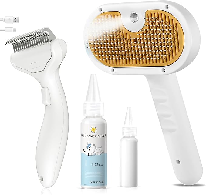 3-in-1 Pet Steam Brush Set for Dogs & Cats, Grooming Comb with Spray, Defur Tool, Water-Assisted Hair Removal, Spritz Brus...