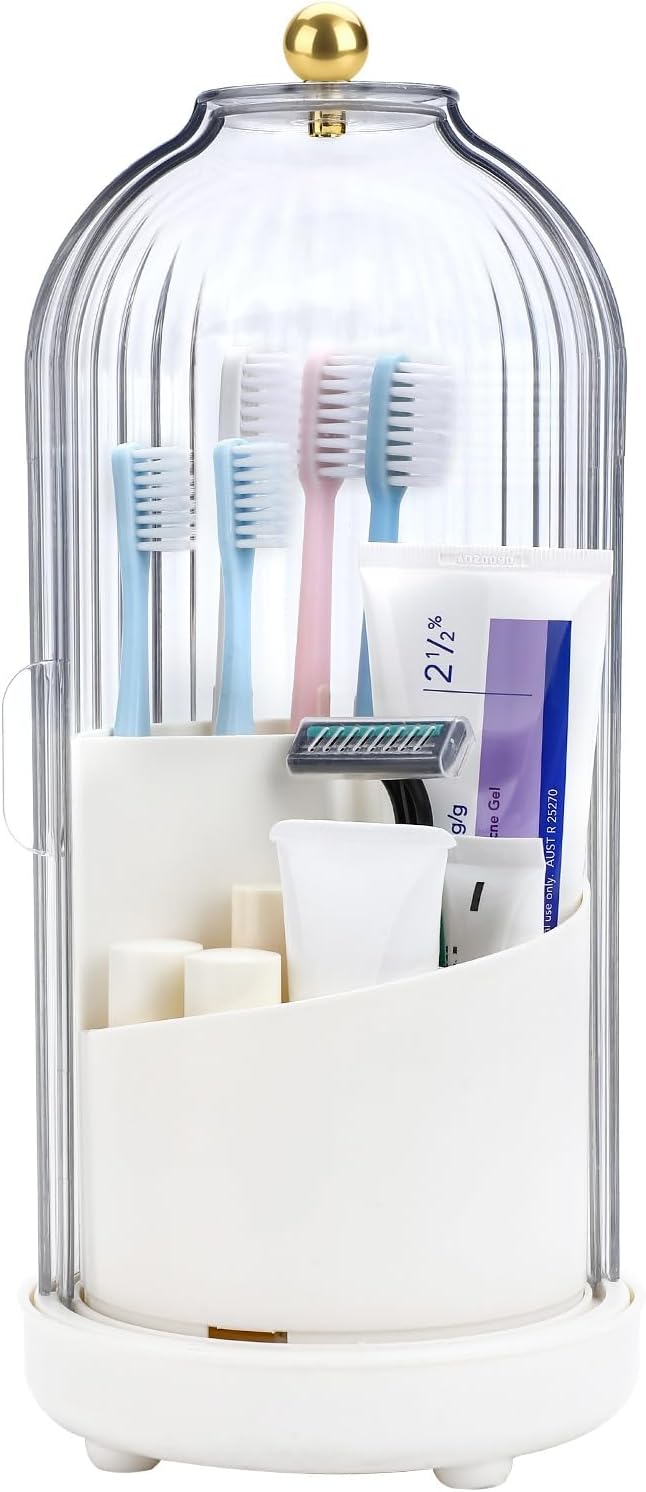 Johehe Toothbrush Organizer with Cover,3 Slots for Bathroom Toothbrush Holders with Lid,Dustproof Design,Rotating Holder,I...