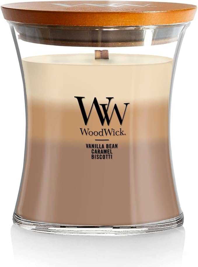 WoodWick Café Sweets Trilogy Holiday Candle Gifts for Women and Men, 9.7 oz Medium Hourglass Trilogy Candle with Crackling...