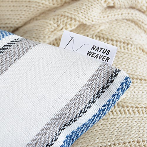 NATUS WEAVER Navy Pure White Stripe Pillow Cases Soft Linen Square Decorative Throw Cushion Cover Pillowcase with Hidden Z...
