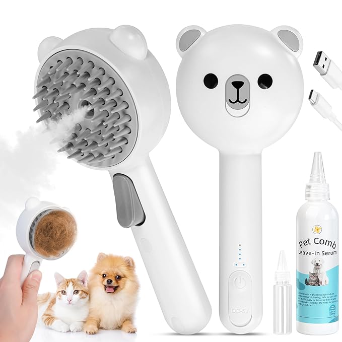 4 in 1 Pet Steam Brush for Cat & Dog, Cat Steam Brush for indoor Cats, Self Cleaning Shedding & Grooming Tool with Waterle...