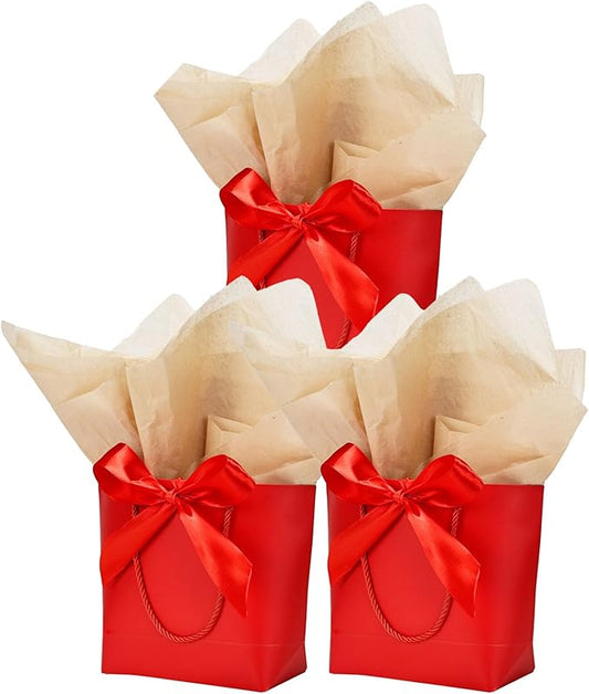 Aosric 12 Pack Red Tote Gift Bags with Bow Ribbon – 7.48x3.54x7.9 Elegant Small Cardstock Gift Bag with handles & Base Sup...