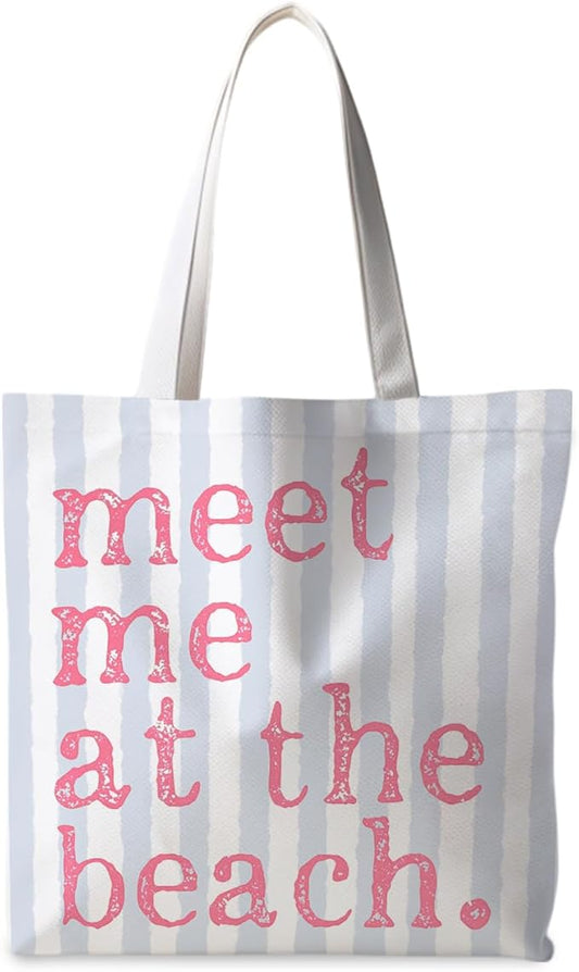 ignytiger Beach Tote Bag, Summer Canvas Striped Tote Bags for Women, Meet Me At The Beach Aesthetic Shopping Bag