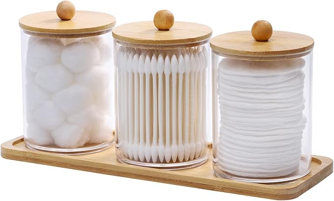 Tbestmax 10 Oz Cotton Swab/Ball/Pad Holder with Vanity Tray, Qtip Apothecary Jar, Clear Bathroom Containers Dispenser for ...