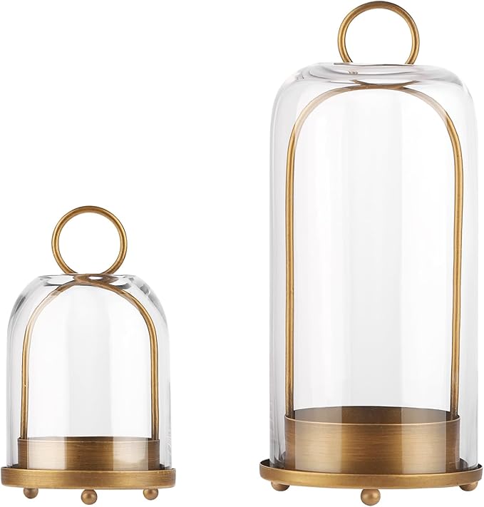 5" & 4" Wide Versatile Metal Candle Holder with Handmade Sturdy Glass Dome in Brass for Pillar Candle & Plants, 5.1" xH11....