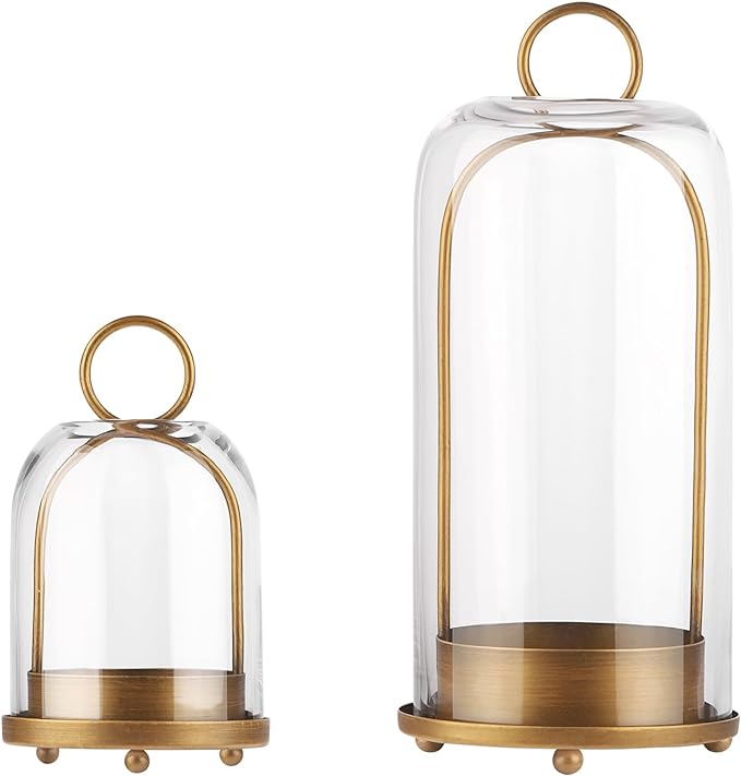 5" & 4" Wide Versatile Metal Candle Holder with Handmade Sturdy Glass Dome in Brass for Pillar Candle & Plants, 5.1" xH11....